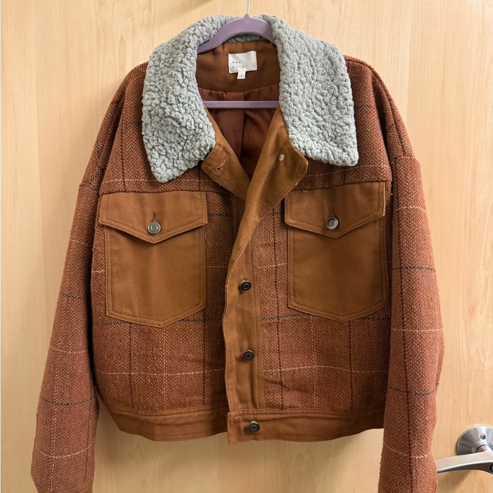 Brown Plaid Wool-Blend Sherpa Collar Jacket